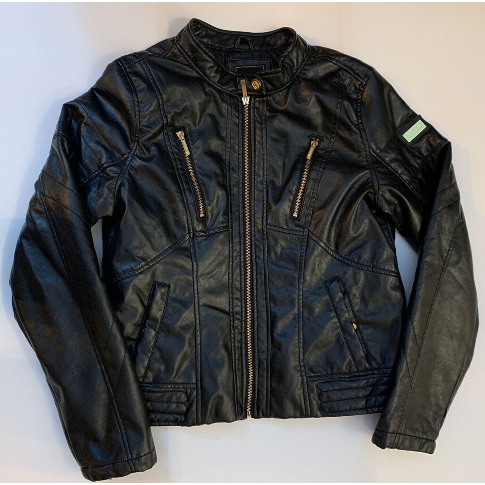 Coogi Jacket Woman's‎ Sz L Black Faux Leather Full Zip Polyurethane Lined